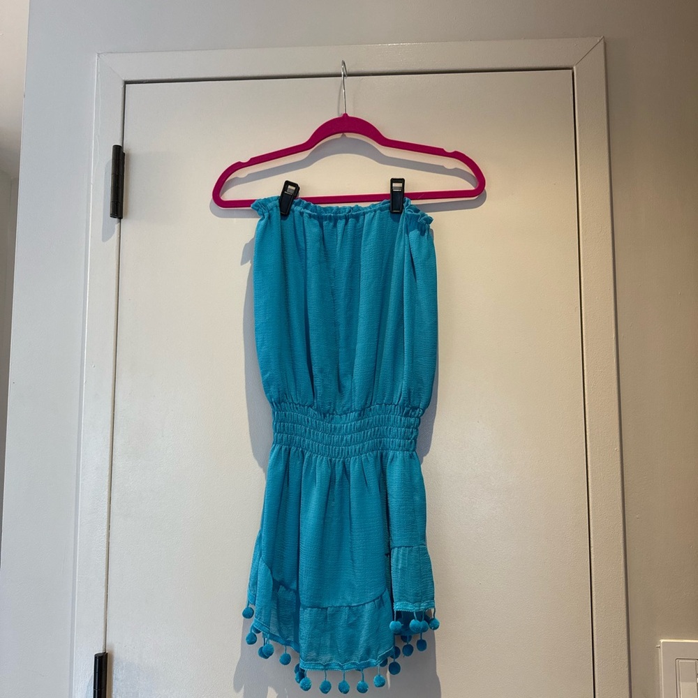 Ramy Brook Blue Strapless Romper with Pom Pom Trim